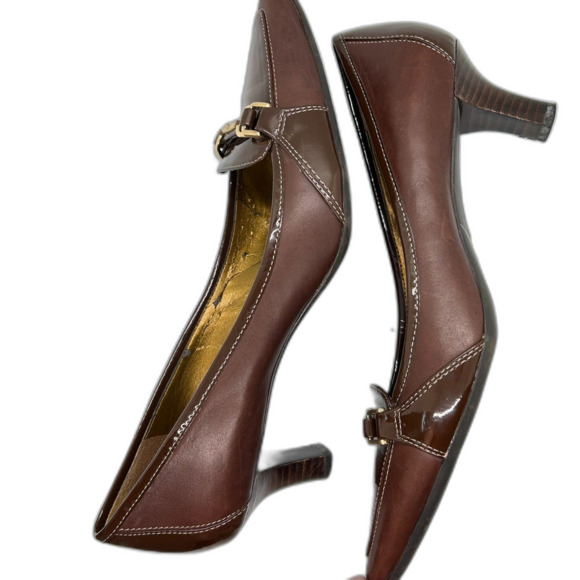 Joan & David Presley Brown Leather Patent Leather Horse-Bit Heeled Loafer 9M - Picture 10 of 15